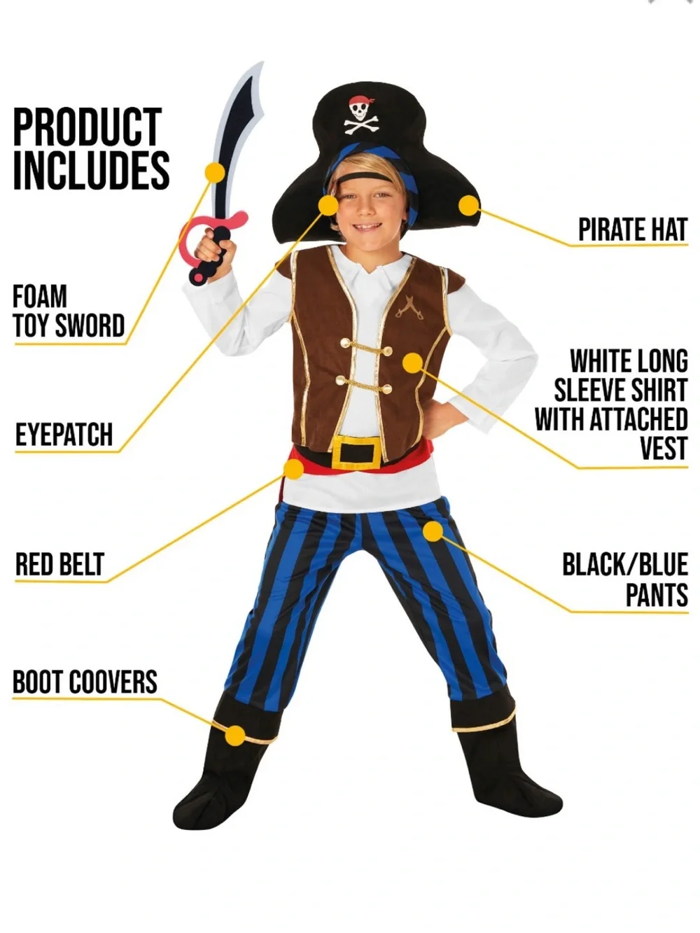 MORPH Blue Stripe Pirate Kids Halloween Costume kit Size large